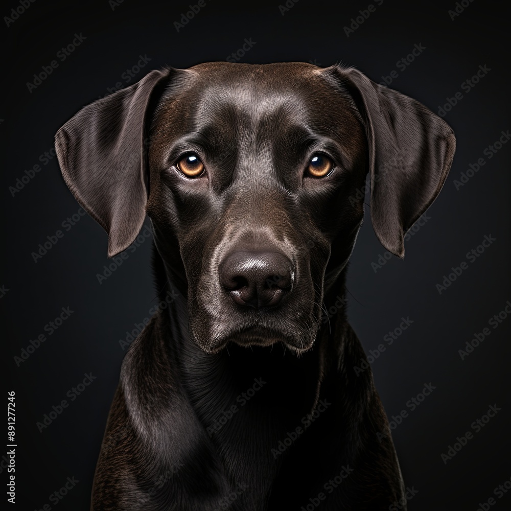 Fototapeta premium A close-up portrait of a serious looking black dog on a black background. The dog has short, dark fur and brown eyes. It is looking directly at the camera with a focused expression.