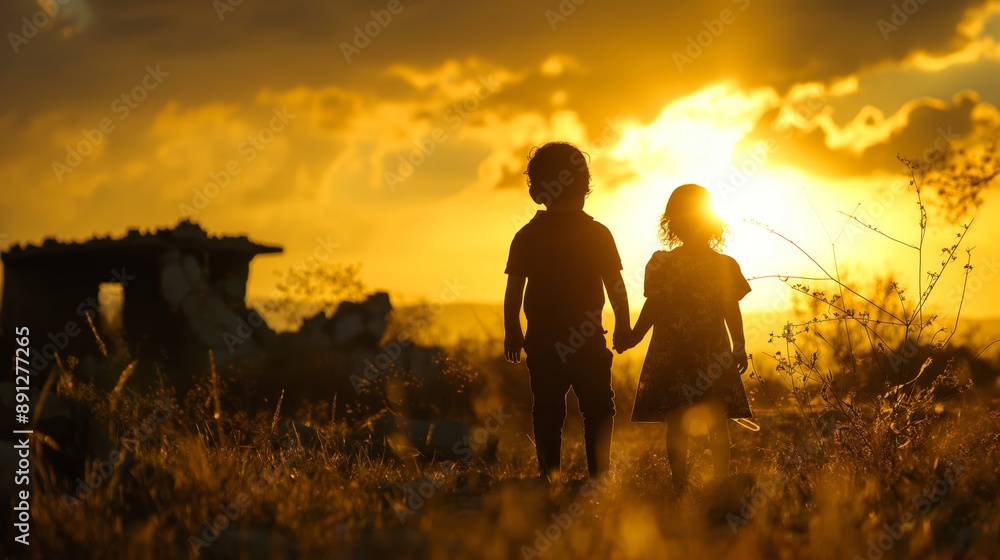 Bathed in the golden light of a setting sun, two children stand silhouetted against a field of ruins. Bathed in the golden light of a setting sun, two children stand silhouetted against a field of ruins.