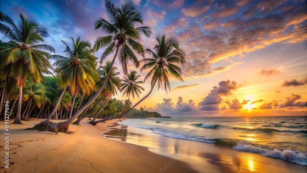 Fototapeta premium Tropical beach with coconut palm trees at sunset creating idyllic scenery