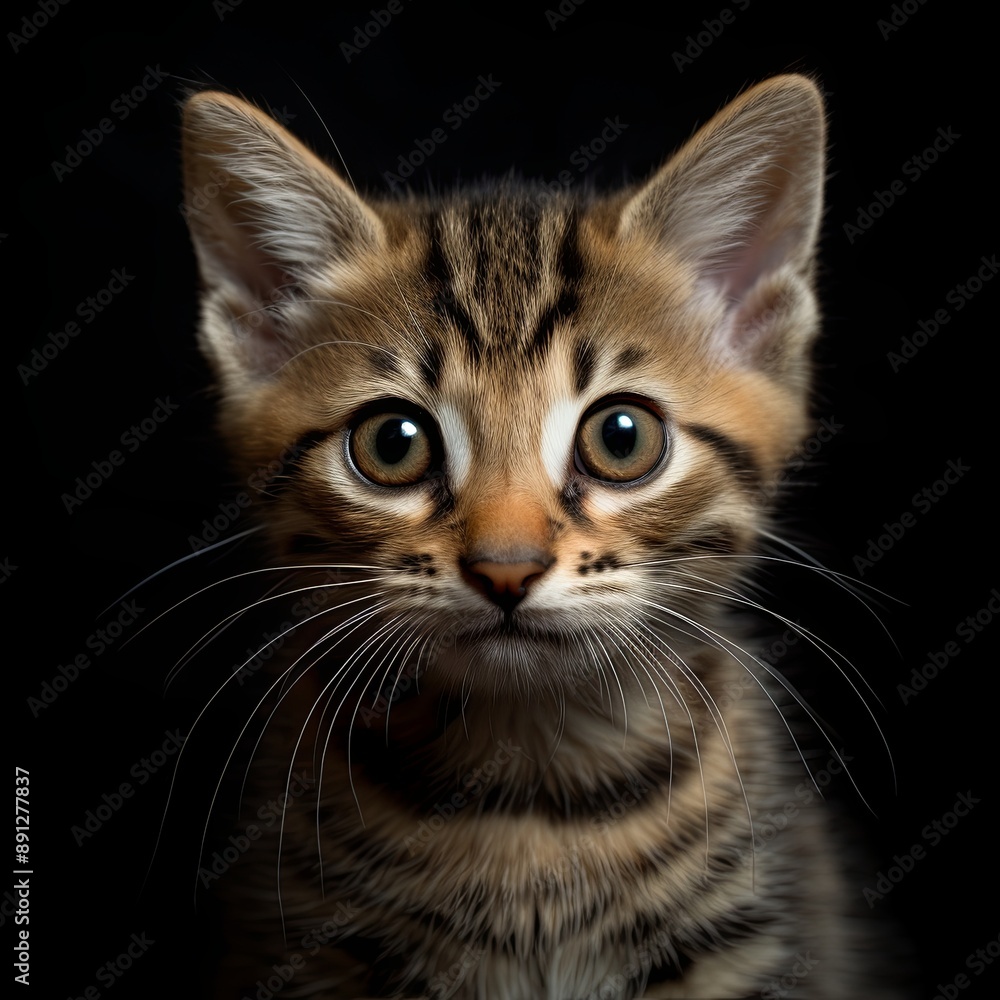Close-up portrait of an adorable tabby kitten with big, expressive eyes, set against a dramatic black background. Perfect for use in a variety of creative projects and designs.