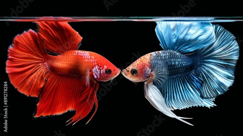 Vibrant red and blue Siamese fighting fish facing each other underwater with dark background, showcasing their colorful fins and elegant tails.