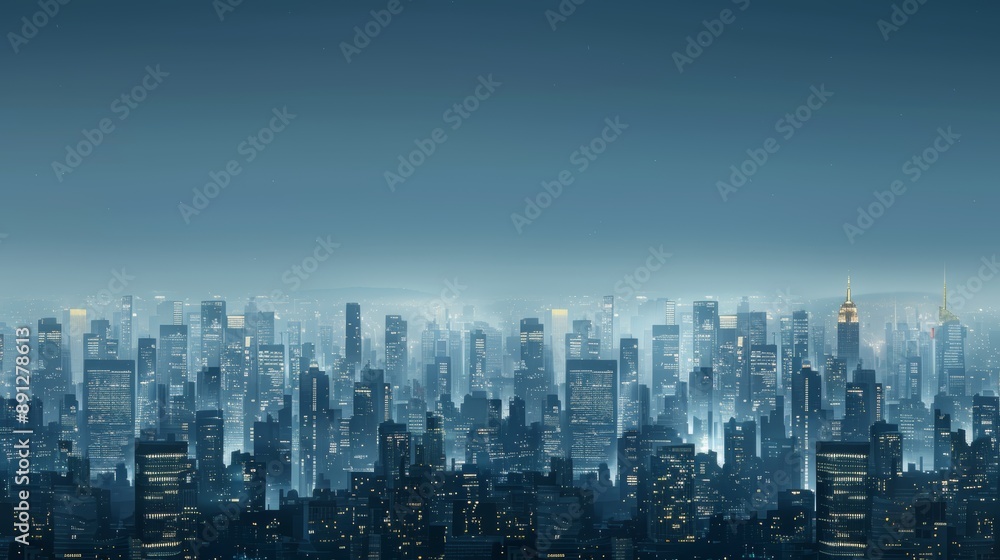 Panoramic view of a futuristic city skyline under a blue-gray sky. Tall skyscrapers dominate this urban landscape, showcasing architectural marvels. Panoramic view of a futuristic city skyline under a blue-gray sky. Tall skyscrapers dominate this urban landscape, showcasing architectural marvels.