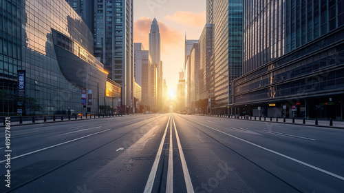 An empty street in the city center with tall buildings on both sides