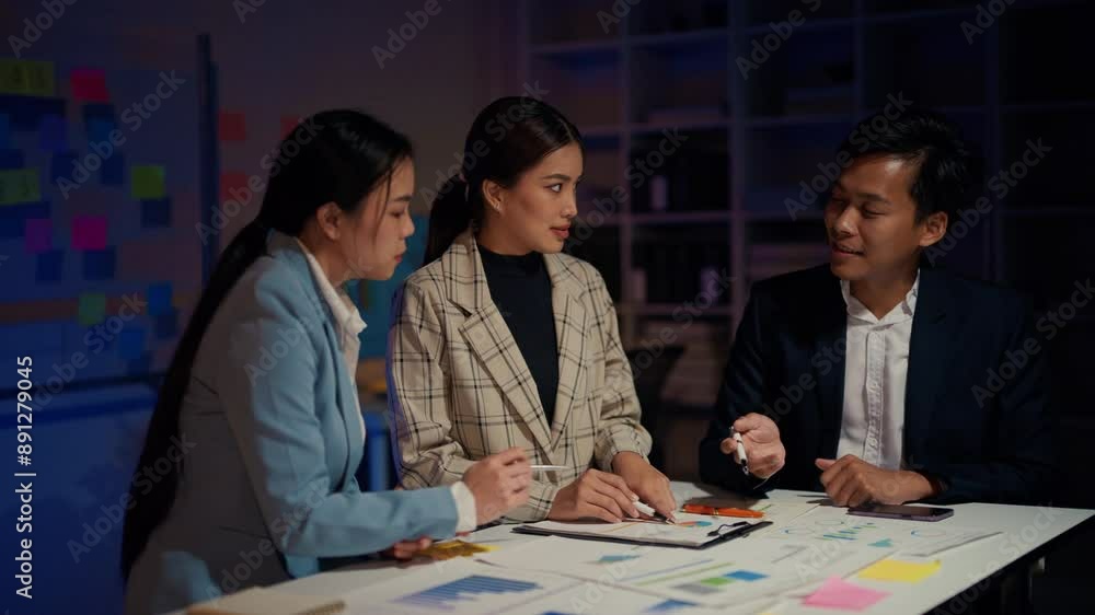 Business professionals collaborating on a project, using charts and sticky notes during a strategy meeting under office lighting Business professionals collaborating on a project, using charts and sticky notes during a strategy meeting under office lighting