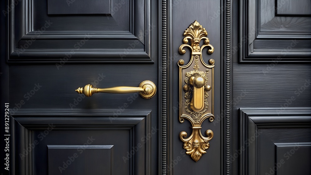 Elegant golden door handle on black wooden door with moldings Elegant golden door handle on black wooden door with moldings