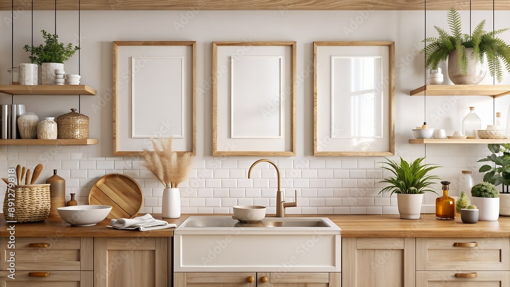 Modern kitchen interior with wooden cabinets showing empty frames Modern kitchen interior with wooden cabinets showing empty frames
