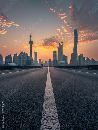 Highway with a city skyline in the background