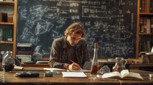 A physicist working on complex equations on a large chalkboard, with formulas and diagrams covering the surface