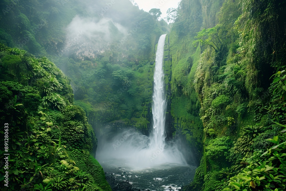 An elegantly tall waterfall gracefully flows through verdant cliffs, surrounded by dense greenery, creating a breathtaking and inspiring natural scenery. An elegantly tall waterfall gracefully flows through verdant cliffs, surrounded by dense greenery, creating a breathtaking and inspiring natural scenery.