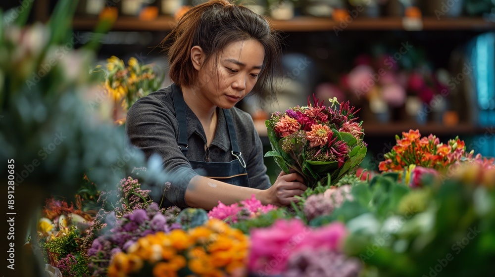A florist creating a floral arrangement in a shop, with shelves of vibrant flowers in the background A florist creating a floral arrangement in a shop, with shelves of vibrant flowers in the background