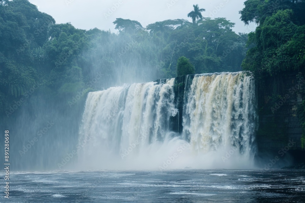 A captivating waterfall plunging into a serene, mist-covered jungle pool surrounded by lush greenery and towering trees, creating a tranquil and enchanting scene. A captivating waterfall plunging into a serene, mist-covered jungle pool surrounded by lush greenery and towering trees, creating a tranquil and enchanting scene.