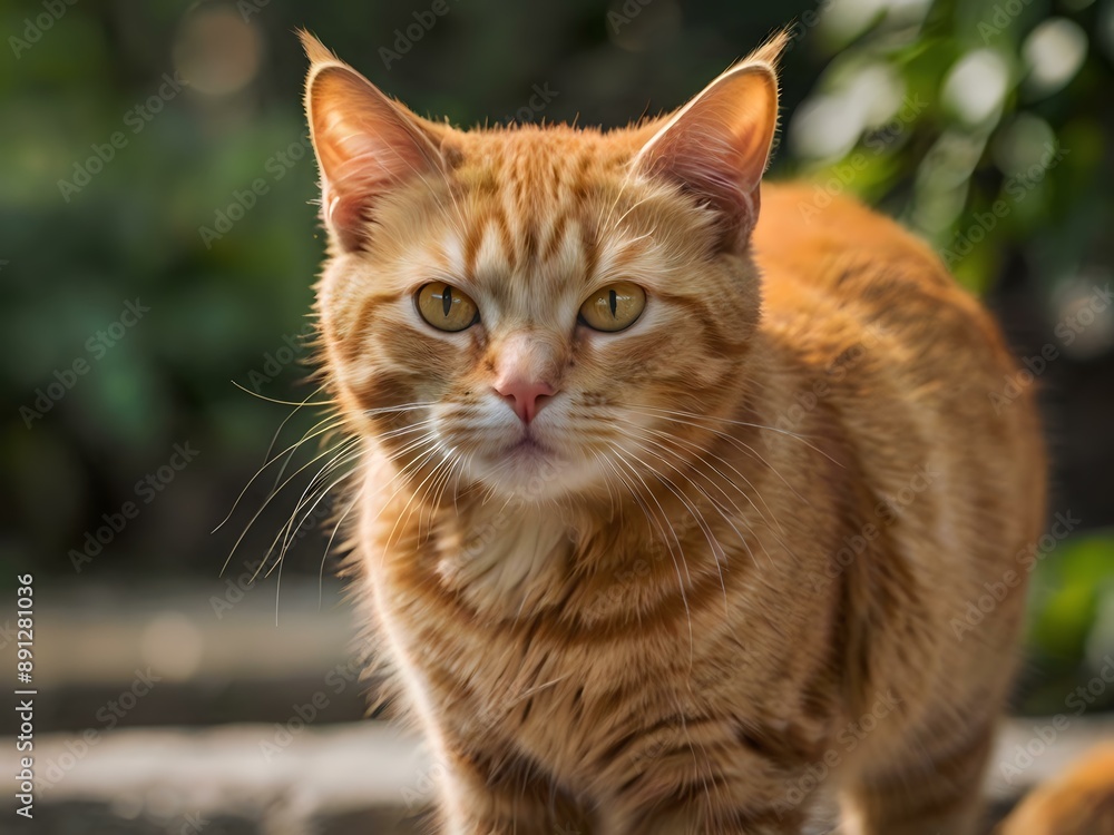 orange cat with blur background, orange cat is sitting and looking