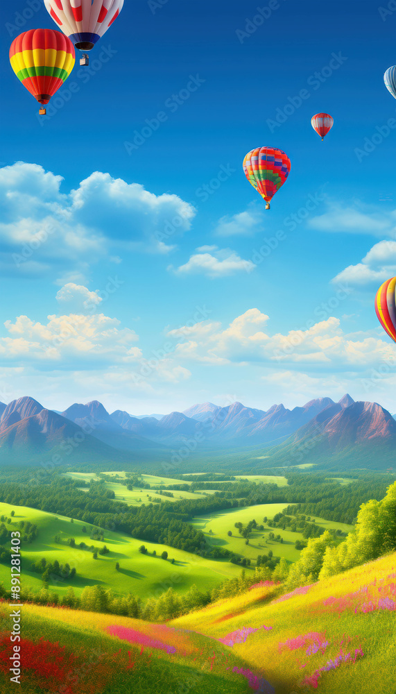 Obraz premium Colorful Hot Air Balloons Floating Gracefully Over a Lush Green Valley with Vibrant Flowers and Majestic Mountains