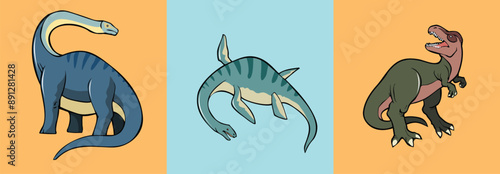 Set of dinosaurs, prehistoric extinct reptiles, vector illustration