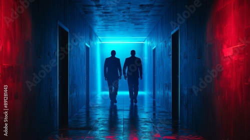Two men walking down a hallway with a blue light in the background