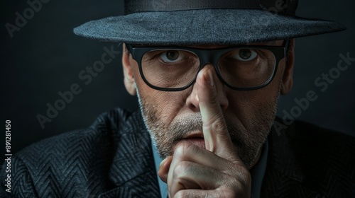 A man in a hat and glasses is covering his nose with his finger