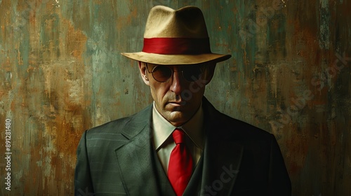 A man in a suit and hat with a red tie