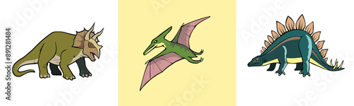 Set of dinosaurs, prehistoric extinct reptiles, vector illustration