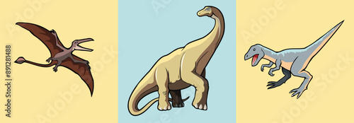 Set of dinosaurs, prehistoric extinct reptiles, vector illustration