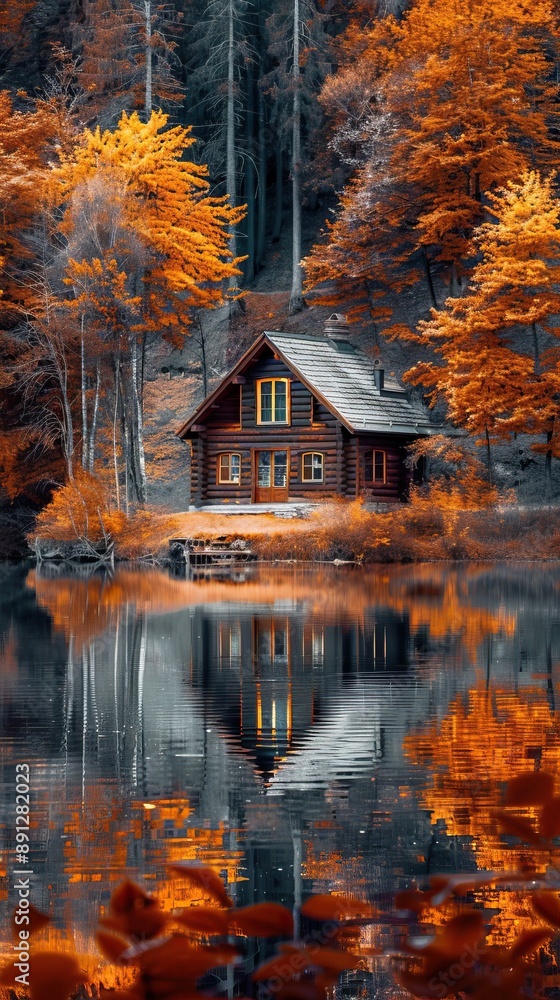 A small log cabin nestled by a serene lake in the woods, surrounded by vibrant orange autumn foliage. The calm water reflects the cabin and trees, creating a picturesque and tranquil scene. A small log cabin nestled by a serene lake in the woods, surrounded by vibrant orange autumn foliage. The calm water reflects the cabin and trees, creating a picturesque and tranquil scene.