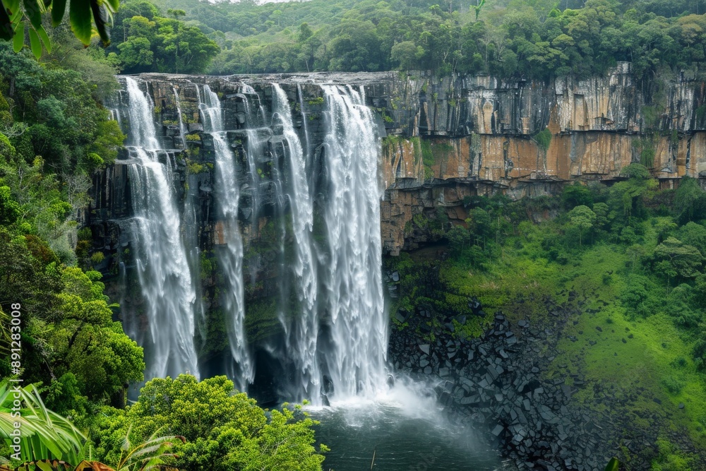 Fototapeta premium A dramatic and awe-inspiring waterfall plunges off a high, sheer cliff face into a seemingly bottomless gorge below, surrounded by lush green vegetation and wildlife.