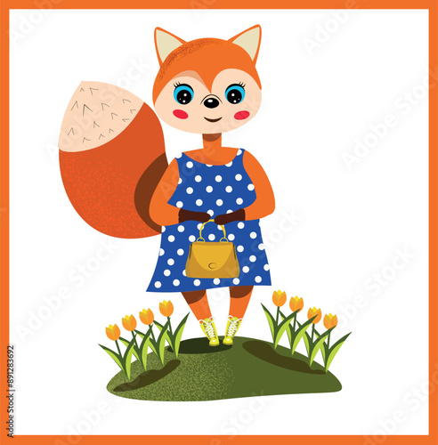Adobe Illustrator Artwork, fox fairy-tale character, book illustration, in a blue dress with a yellow bag, yellow shoes, flowers, yellow tulips, cartoon, vector image