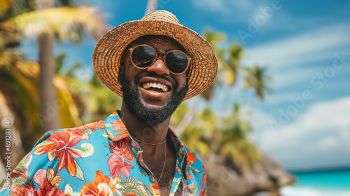 This vibrant image captures a black man dressed in a colorful floral shirt and straw hat, basking in the sunlight at the beach, with palm trees and a clear blue sky in the background.