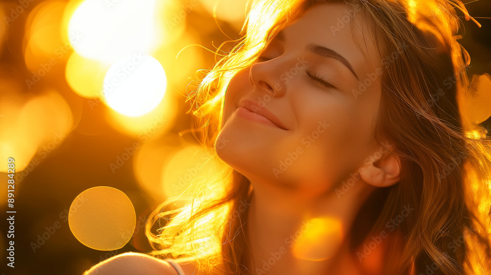 Fototapeta premium A Caucasian woman is bathed in the golden light of sunset, with warm hues creating a beautiful and magical atmosphere around the subject.