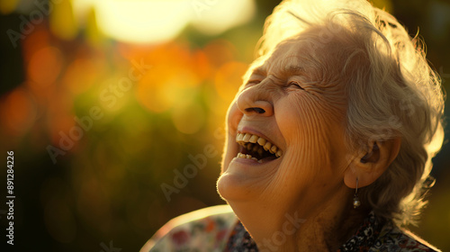 An elderly Caucasian person with white hair is seen enjoying an outdoor setting during a warm, golden hour light, providing a peaceful and soothing atmosphere.