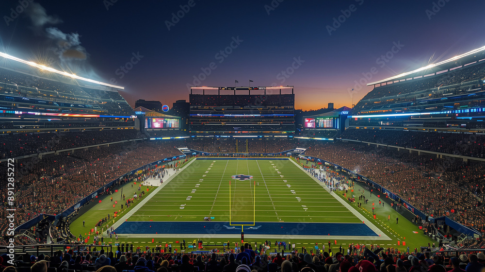 A large, modern stadium at night filled with spectators and bright lights illuminating the field A large, modern stadium at night filled with spectators and bright lights illuminating the field