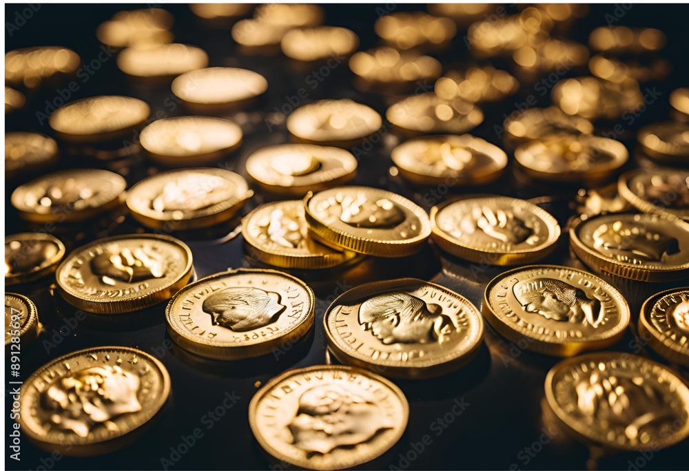 暗闇に並べられたたくさんの金貨 暗闇に並べられたたくさんの金貨