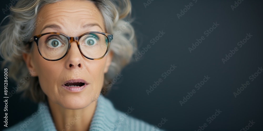 A woman with short gray hair and glasses stares at the camera with a shocked expression, banner. A woman with short gray hair and glasses stares at the camera with a shocked expression, banner.