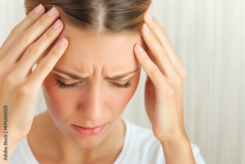 Young caucasian woman holding her head in migraine pain Young caucasian woman holding her head in migraine pain