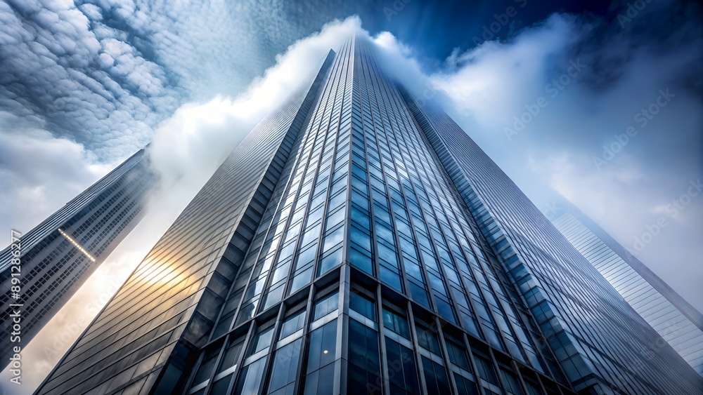 Fototapeta premium Modern glass skyscraper soaring into cloudy sky