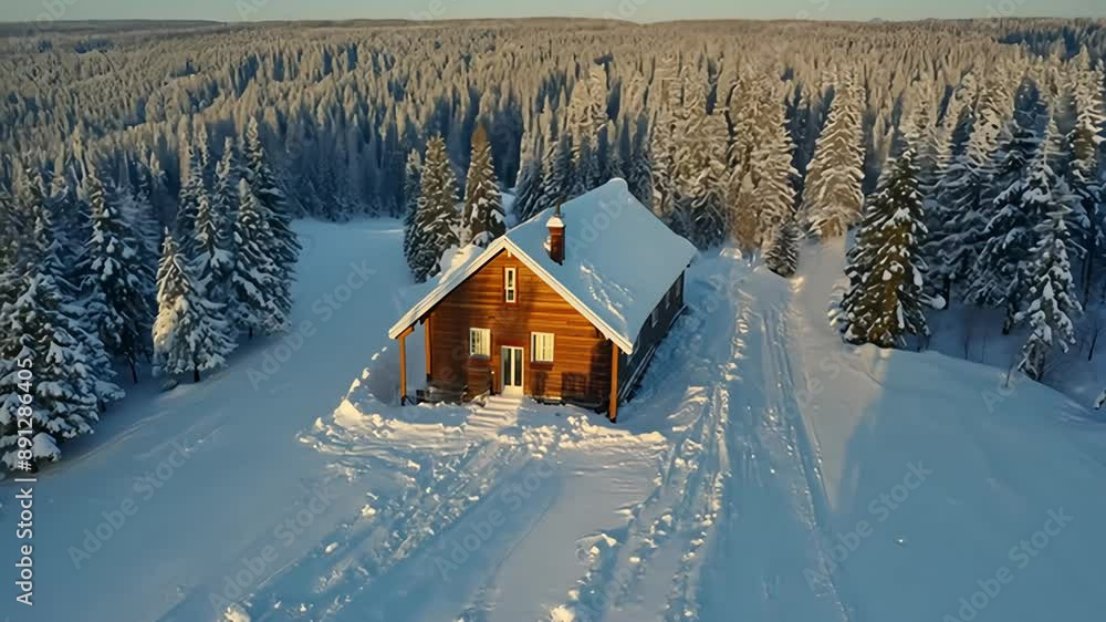 Aerial View of a Snowy Cabin in the Forest at Sunset Aerial View of a Snowy Cabin in the Forest at Sunset