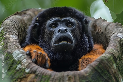 Redhanded Howler Monkey Alouatta belzebul howling from a tree in the Amazon rainforest known locally as Guaribademosruivas photo