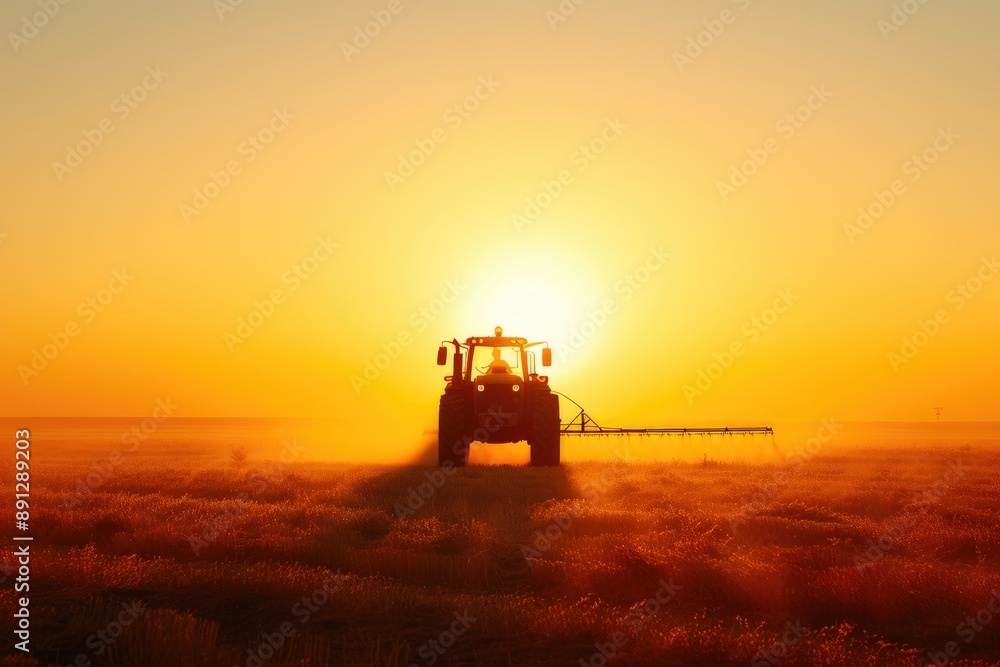 Fototapeta premium Sunset Glow: Tractor Irrigating Vast Fields