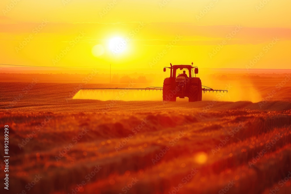 Fototapeta premium Golden Horizon: Tractor Harvesting at Dusk