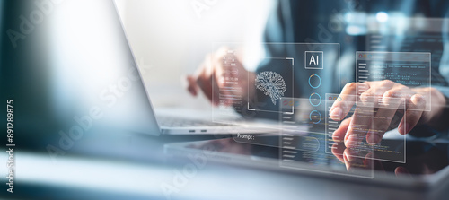 Obraz na płótnie AI Artificial Intelligence. Business woman using AI technology for data analysis, coding computer language with digital brain, machine learning on virtual screen, business intelligence