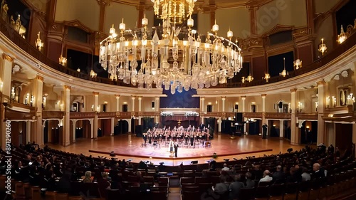 Concert Performance in a Grand Hall With Ornate Chandelier and Audience