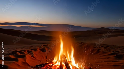 Campfire Burning in the Sahara Desert at Sunset