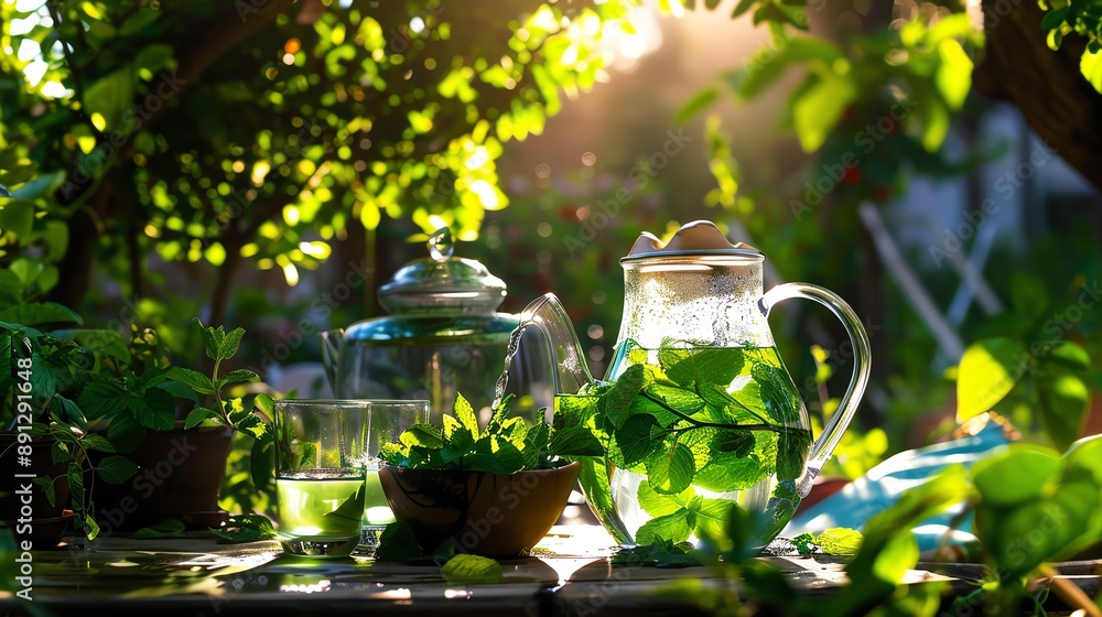 A cozy outdoor patio setup with a pitcher of peach tea, glasses, and a bowl of fresh peaches, under a shady tree A cozy outdoor patio setup with a pitcher of peach tea, glasses, and a bowl of fresh peaches, under a shady tree
