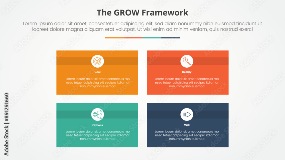 GROW model coaching infographic concept for slide presentation with rectangle box matrix structure with 4 point list with flat style GROW model coaching infographic concept for slide presentation with rectangle box matrix structure with 4 point list with flat style