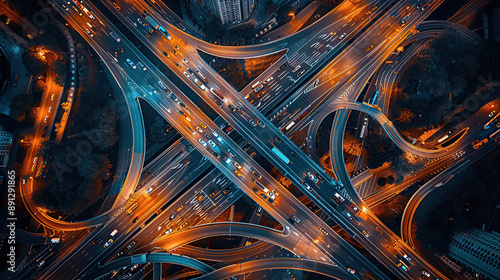 Aerial view of an intricate highway intersection at night photo