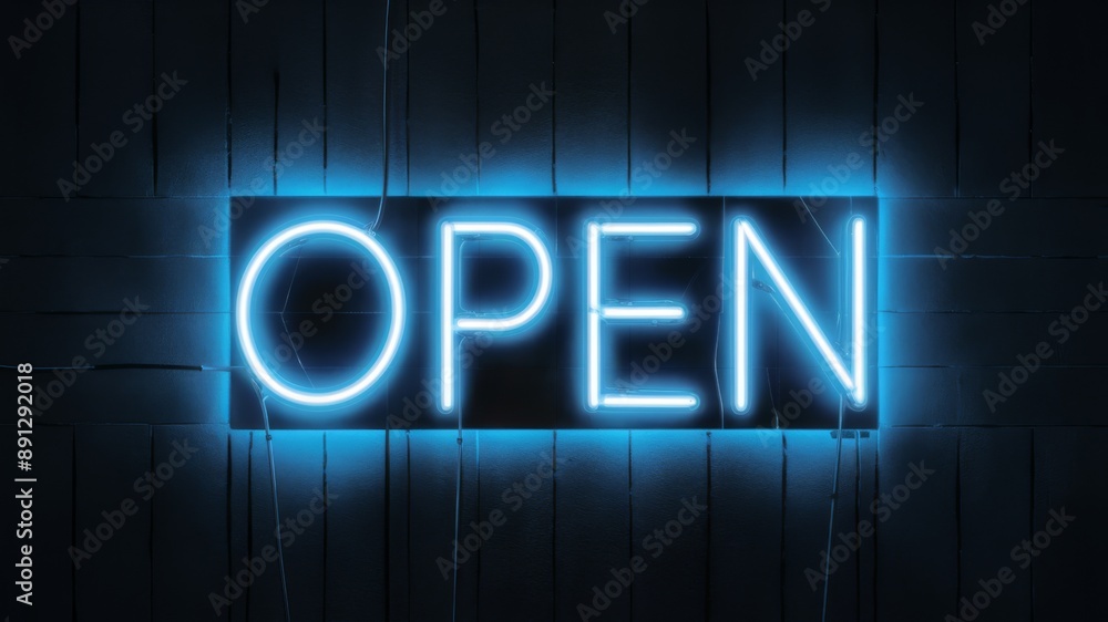 A vibrant blue neon open sign illuminates against a dark background, perfect for business promotion, cafes, nightclubs, and storefronts. A vibrant blue neon open sign illuminates against a dark background, perfect for business promotion, cafes, nightclubs, and storefronts.