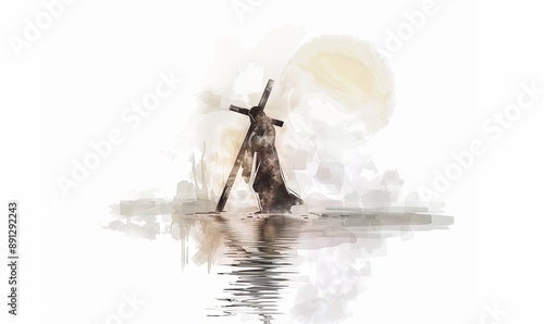 Jesus carrying the cross, on a soft white background, in the style of watercolor, with a white and beige color palette using light colors, in a minimalistic, simple design, with water reflection 