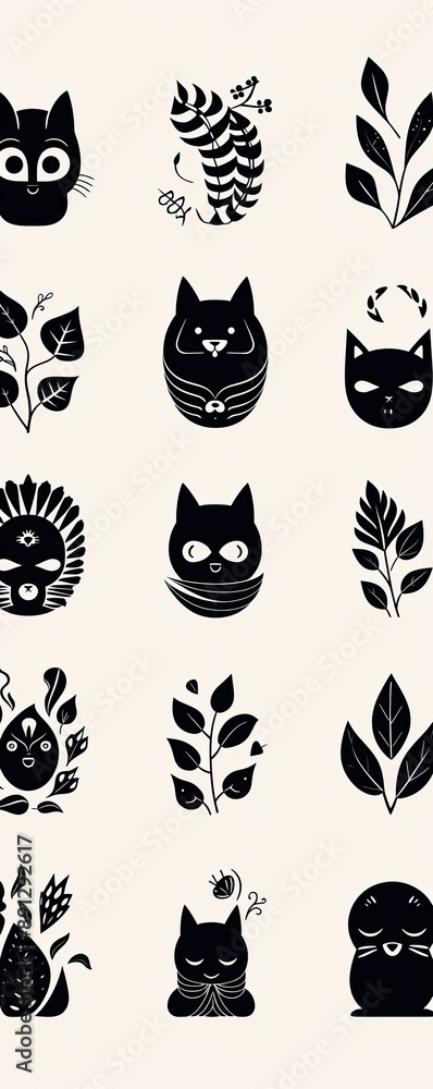 Cute Black and White Cat and Plant Illustrations. Cute Black and White Cat and Plant Illustrations.