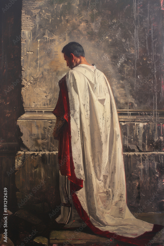 Naklejka premium Roman Pontius Pilate wearing a traditional toga stands contemplatively by a stone wall in dim light. Historical reenactments, classical studies, Roman history, traditional clothing.