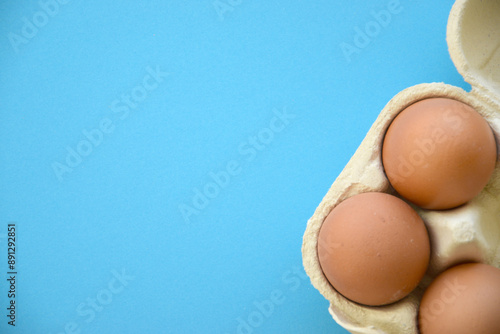 Uncooked egg on pastel blue background. Minimal food concept with copy space photo