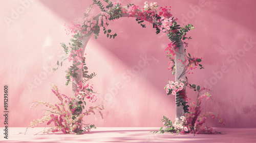 Pink floral archway in front of a pink background photo